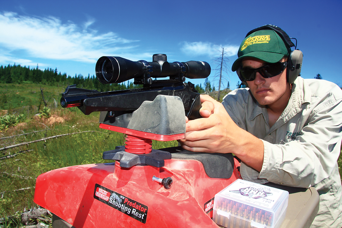 MTM Case-Gard’s adjustable Predator Shooting Rest and portable shooting table make an ideal rest while varmint shooting with T/C Contender handguns. A pickup truck hood also serves well.